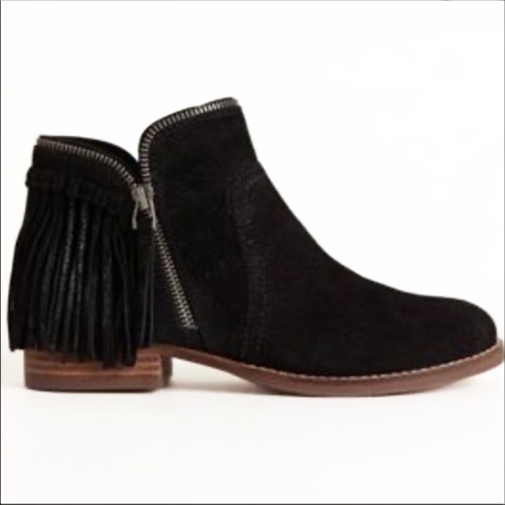 Dolce Vita Fisher Fringe Black Suede Double Zip Stacked Low Heel Ankle Bootie